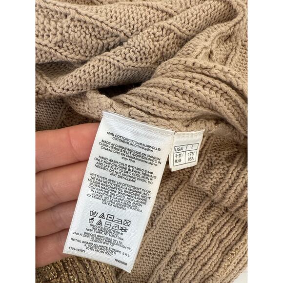 Brook Brothers Tan Metallic Cable Knit Crew Neck Pullover Sweater Womens Sz L - Picture 6 of 6